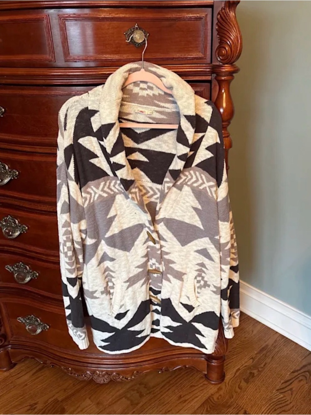 Faherty Cozy Geometric Open-Front Cardigan Sweater in Cream, Gray,Dark Navy